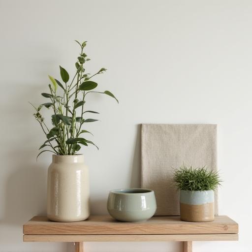 A minimalist shelf with eco-friendly home decor items like a recycled glass vase.