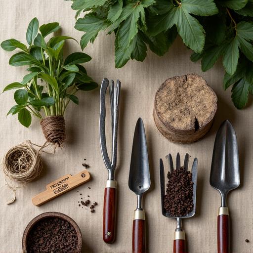 A flat lay of artisanal gardening tools and organic potting mix.