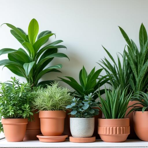 A diverse collection of indoor houseplants in stylish pots.