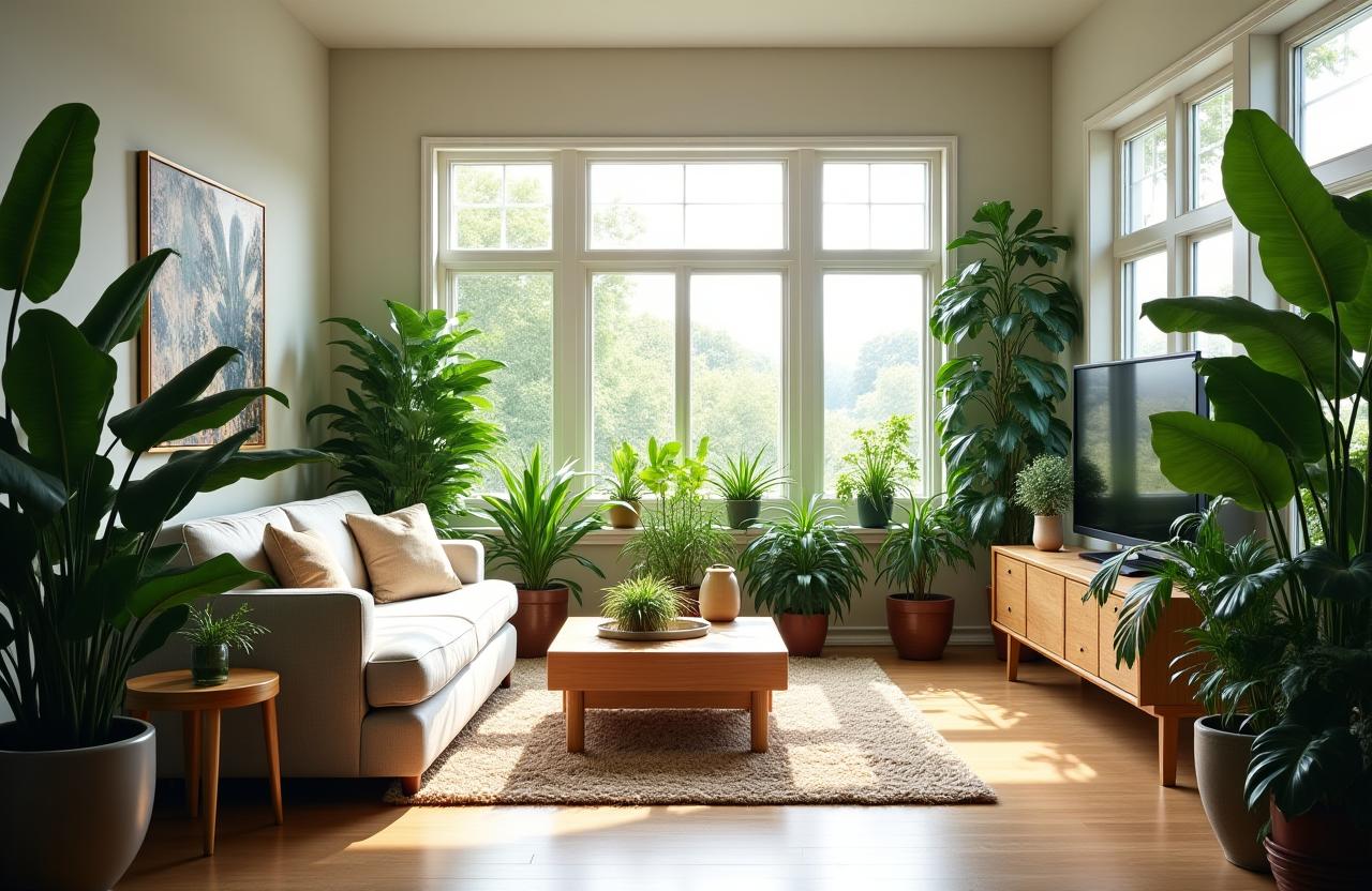 A bright, modern living room filled with lush green plants from VerdeGlow Living.